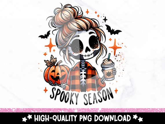 Spooky Girl Season PNG, Skeleton Halloween Clipart, Fall Sublimation Design, Cute Goth DTF Transfer Design, Tumbler Wrap, Sticker, Mug