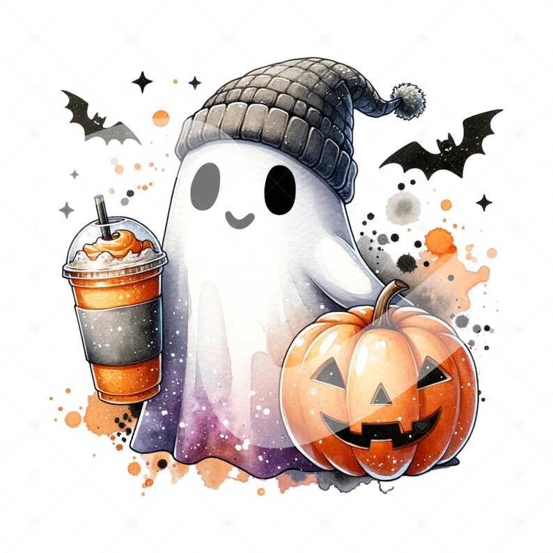 May include: A cute cartoon ghost wearing a gray knitted hat holds a pumpkin and a cup of orange pumpkin spice latte. The ghost is surrounded by black and orange watercolor splatters.