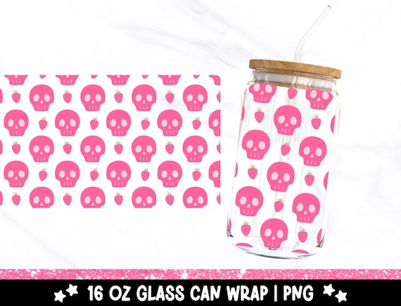 Girly Summer Skulls 16oz Glass Can Wrap, Spooky Cute Skeleton Strawberries UV DTF Sublimation Design, Preppy Glass Jar Tumbler Libbey Wrap