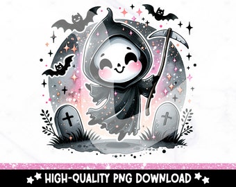 Cute Halloween Grim Reaper PNG, Spooky Graveyard Clipart, Halloween Sublimation Design, DTF Shirt Download, Tumbler Wrap, Sticker, Mug