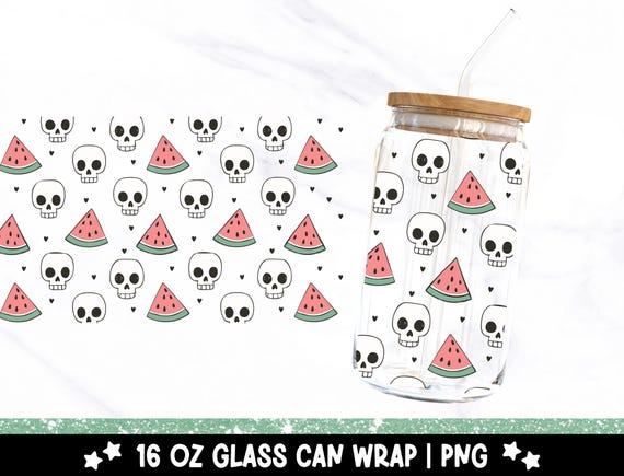 Cute Summerween Libbey Glass PNG, Trendy Skull and Watermelon 16oz Glass Can Tumbler Sublimation Design, Skeleton Coffee Libbey Cup Wrap