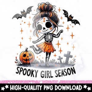 Op de afbeelding: Een cartoon illustratie van een skeletmeisje met oranje haar en een tutu, omringd door vleermuizen, sterren, een pompoen en grafstenen. De tekst "Spooky Girl Season" staat eronder.