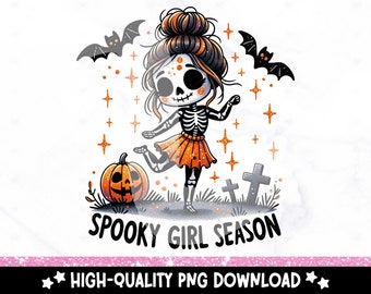 Spooky Girl Skeleton PNG: Halloween Clipart Design (Digital Download)