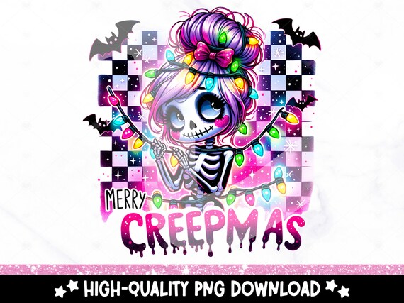 Merry Creepmas Neon Christmas PNG, Spooky Season Retro Skeleton PNG, Funny Coquette Girly Clipart, Checkered Christmas Sublimation Design