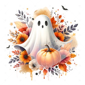 May include: A white ghost with a friendly face is surrounded by orange, red, and yellow flowers. A small orange pumpkin sits in front of the ghost. The background is a watercolor wash of gold and white.