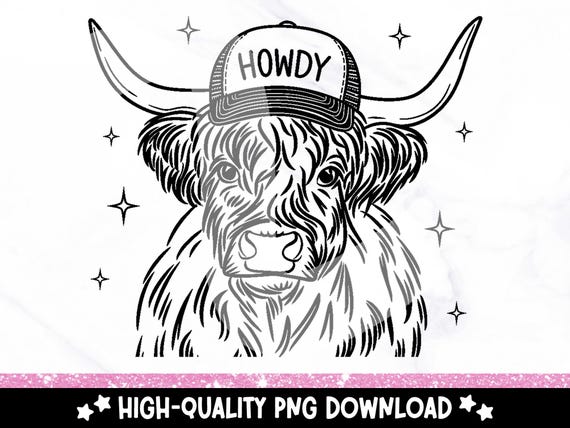 Howdy Highland Cow PNG, Country Highland Cow Clipart, Moody Sublimation Design, Western Heifer Cow DTF Transfer File, Heifer Tshirt, Sticker
