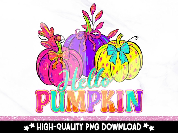 Hello Pumpkin PNG, Neon Brushstroke Pumpkin Clipart, Coquette Fall Sublimation Design PNG, Preppy Retro Autumn Bow Pumpkin Design