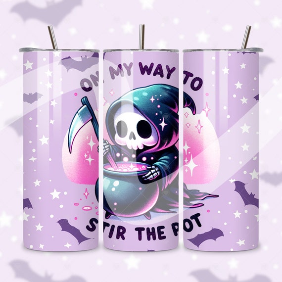 On My Way To Stir The Pot Tumbler PNG, Pastel Goth 20 oz Skinny Sublimation Design, Snarky Skeleton Wrap, Digital Download Instant PNG