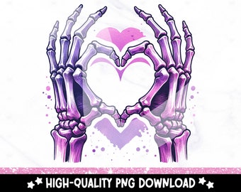 May include: A digital illustration of two skeleton hands forming a heart shape with a pink and purple heart in the center. The hands are detailed with purple and white shading, and the background is white with pink watercolor splatters. Text at the bottom reads "HIGH-QUALITY PNG DOWNLOAD".