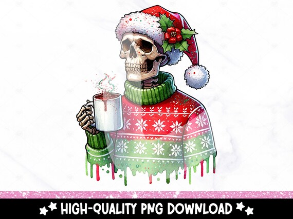 Santa Skeleton PNG, Christmas Sublimation Design, Funny Hot Chocolate Digital Download, Spooky Holiday Shirt DTF Transfer, Tshirt, Cocoa Mug