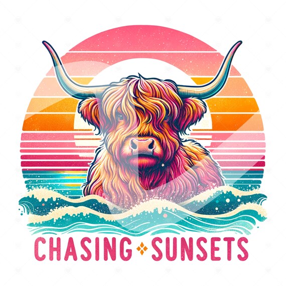 Chasing Sunsets Highland Cow PNG, Funny Summer Heifer Cow Clipart, Highland Cow Sublimation Design, Summer Vacation DTF File, Retro Shirt