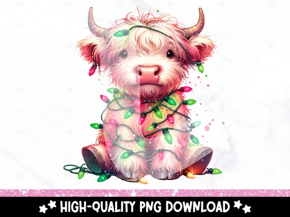 Christmas Highland Cow PNG, Tangled Christmas Lights Digital Download, Cute Heifer Cow Sublimation Design, Funny Shirt DTF Transfer, Wrap