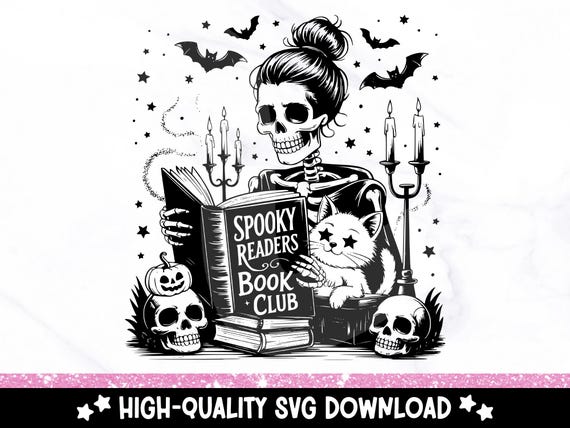 Spooky Readers Book Club SVG, Halloween Skeleton Clipart, Snarky Book Lover Sublimation Design, Book Club SVG, Witch Messy Bun Skull Png