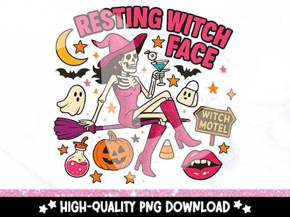 Resting Witch Face PNG, Glam Skeleton Witch Halloween Clipart, Spooky Witchy Sublimation Design, Retro Gothic PNG Download