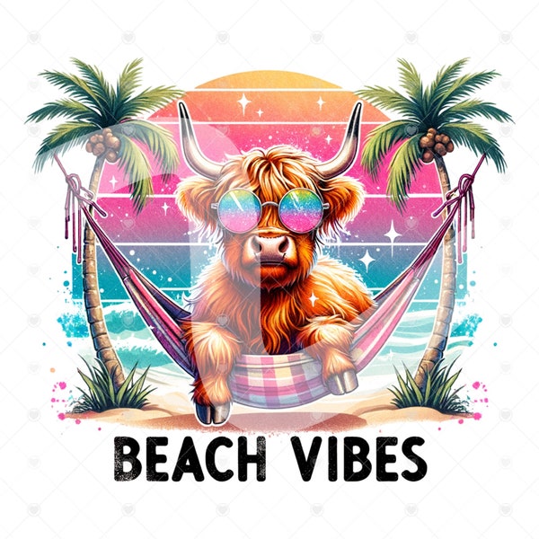 Beach Vibes Highland Cow PNG, Funny Heifer Cow Clipart, Cute Highland Cow Sublimation Design, Summer Beach Vacation DTF File, Shirt File