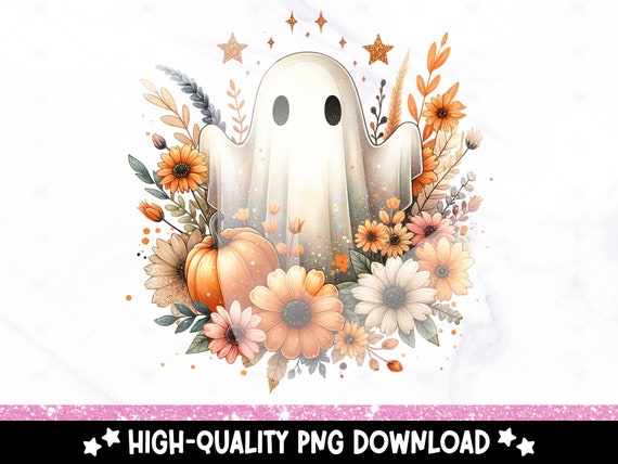 Halloween PNG, Spooky Ghost Sublimation Design, Autumn Fall PNG, Pumpkins Leaves PNG, Watercolor Ghoul Instant Download, Cute Dtf Transfer