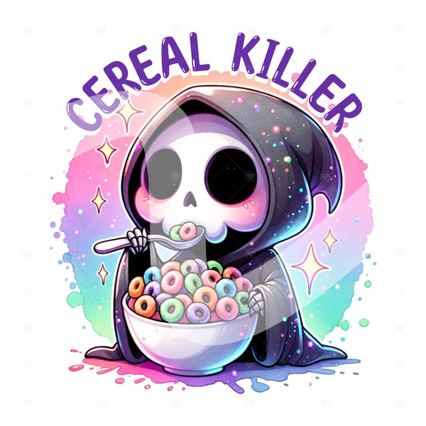 Funny Cereal Killer PNG, Sarcastic Skeleton Sublimation Design, Witchy Skull DTF Transfer, True Crime Lover, Trendy TShirt, Mug, Tumbler
