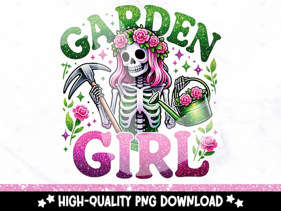 Garden Girl PNG, Funny Gardening Clipart, Skeleton Gardener Sublimation Design, Trendy Plant UV DTF Transfer File, Graphic Tees, Sticker