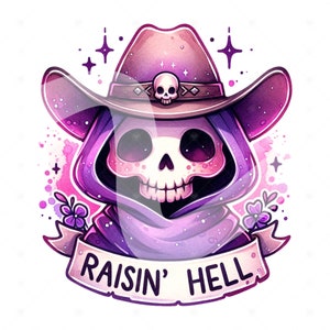 Puede incluir: Una calavera de dibujos animados con una capa con capucha morada y un sombrero de vaquero marrón con un diseño de calavera en la banda. La calavera sonríe y el sombrero tiene una estrella blanca encima. El texto "raisin' hell" está escrito en una pancarta blanca debajo de la calavera.
