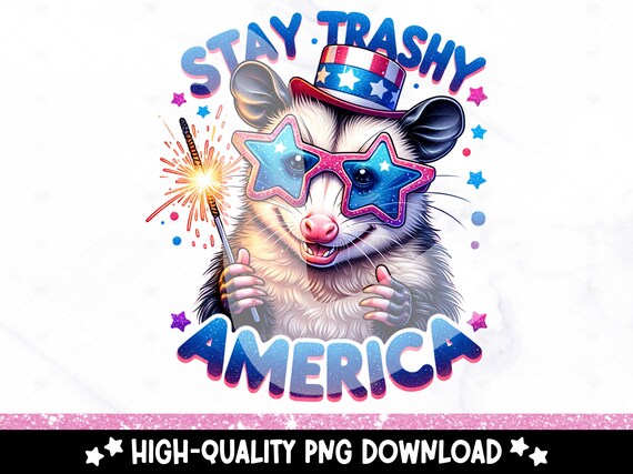 Stay Trashy America PNG, Fourth of July Opossum Clipart, Funny Merica PNG, Snarky Possum Sublimation Design, 4th of July DTF Transfer File