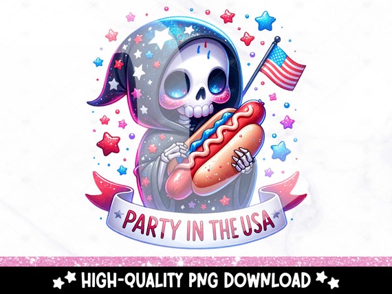 Party in the USA Clipart, Funny Patriotic Grim Reaper PNG, July 4th Hotdog DTF Transfer, Fourth of July Tshirt Design, Mug, Tumbler Wrap