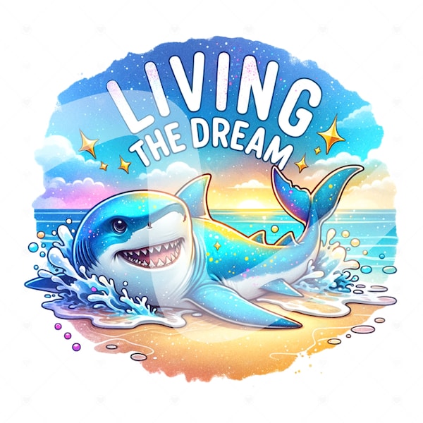 Shark Living the Dream PNG, Retro Beached Shark Clipart, Beach Sublimation Design, Summer Vacation DTF File, Depressed Stressed Clipart