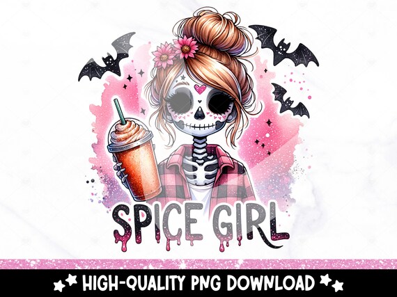 Pumpkin Spice Girl PNG, Cute Fall Coffee Clipart, Halloween Tshirt Sublimation, UV DTF Transfer File, Skeleton Coffee Design, Autumn Shirt