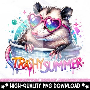 Trashy Summer Opossum PNG, lindo retro possum clipart, diseño de sublimación Stay Trashy, archivo de transferencia UV DTF, diseño de camiseta, taza, envoltura de vaso