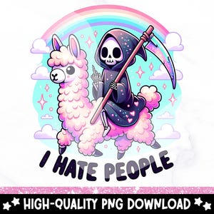 Je déteste les gens PNG, Clipart la grande faucheuse effrayante, lama drôle PNG, Design en Sublimation squelette sarcastique, transfert DTF sarcastique, chemise Halloween