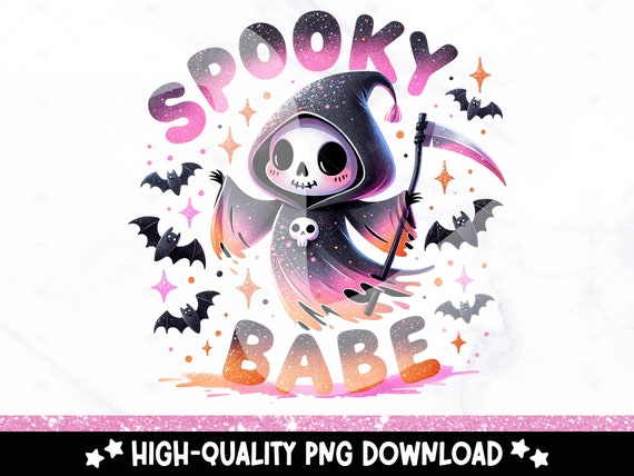 Spooky Babe PNG, Cute Pastel Halloween Clipart, Grim Reaper Sublimation Design, Spooky Skeleton Png, Trendy Halloween UV DTF Transfer, Wrap
