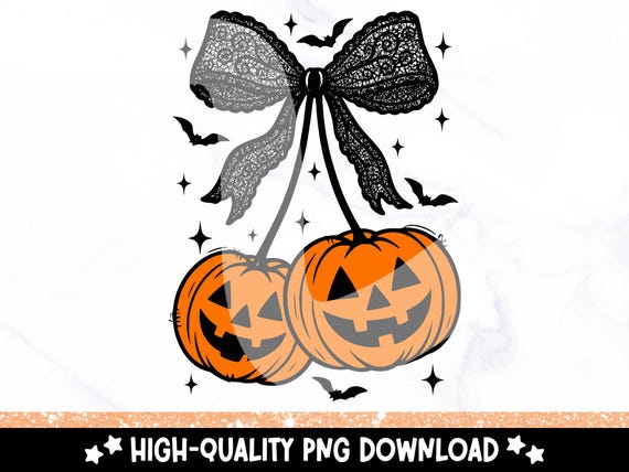 Preppy Pumpkin PNG with Lace Bow – Halloween Sublimation Design – Cute Retro Coquette Clipart – Jack O Lantern Cherry Digital Download