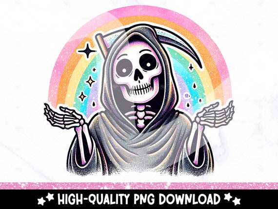 Grim Reaper PNG, Funny Skeleton Sublimation Design, Spooky Rainbow Clipart, Trendy Pastel Goth DTF Transfer File, Mental Health Tshirt PNG