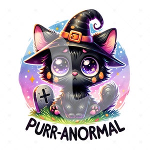 May include: A black cat wearing a witch's hat with a black brim and orange buckle. The cat has large, sparkling eyes and is sitting in front of a tombstone with a cross. The background is a colorful, swirling design with stars. The text "PURR-ANORMAL" is written below the cat.