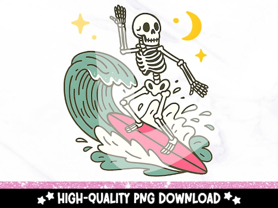 Surfing Summerween Skeleton PNG, Retro Surf Skull Clipart, Trendy Pink Summer Halloween Sublimation Design, Spooky Summer Sticker PNG