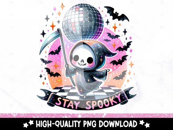Stay Spooky PNG, Retro Skeleton Clipart, Groovy Halloween Sublimation Design, Funny Disco Reaper UV DTF File, Trendy Shirt, Tumbler, Mug