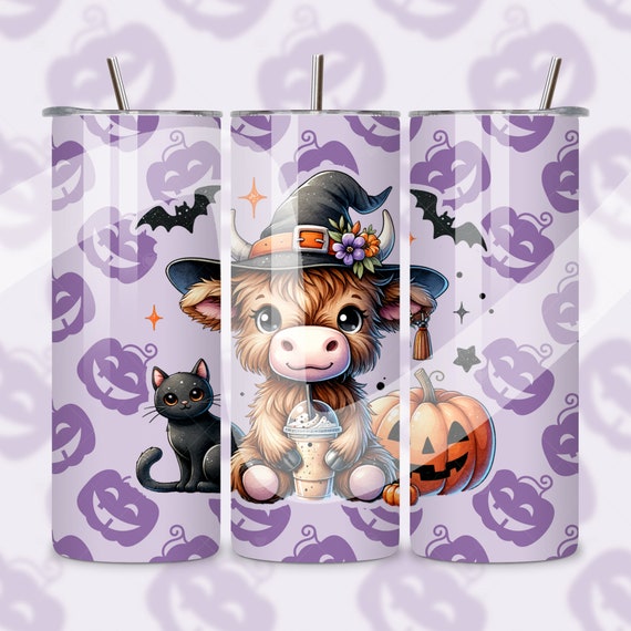 Halloween Highland Cow Tumbler Wrap, Spooky Coffee Cow PNG, Heifer Cow 20 oz Tumbler Sublimation, Witch Tumbler Wrap Design, Skinny Tumbler