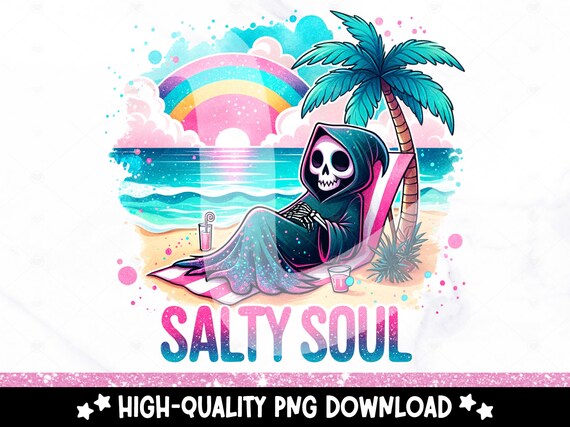 Salty Soul PNG, Funny Summer Reaper Clipart, Snarky Skeleton Sublimation Design, Summer Vacation DTF File, Salty Vibes Beach Shirt, Wrap