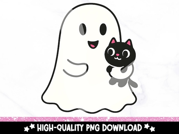 Cute Ghost PNG, Ghost and Black Cat Clipart, Trendy Ghost Doodle Sublimation Design, Spooky Ghost Sticker File, Halloween DTF Transfer File