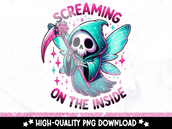 Screaming on the Inside PNG, Grim Reaper Clipart, Snarky Skeleton Sublimation Design, Sarcastic DTF Transfer, Mental Health, Sticker, Mug