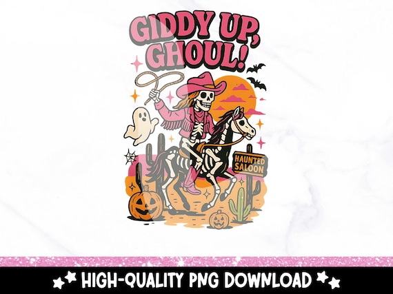 Giddy Up Ghoul PNG, Western Skeleton Horse Halloween Clipart, Retro Cowgirl Sublimation Design, Spooky Vintage Digital Download