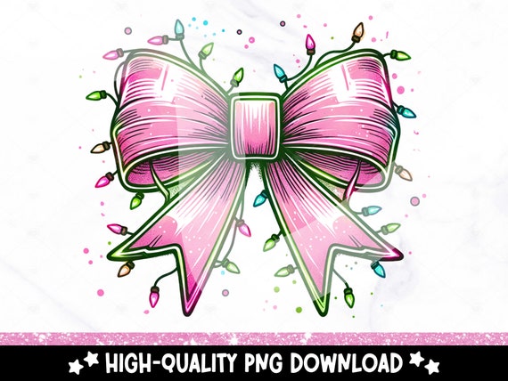 Coquette Pink Bow PNG, Christmas Lights Sublimation Design, Trendy Digital Download, Girly Holiday DTF Transfer, Tshirt, Mug, Tumbler Wrap