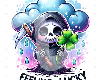 Feeling Lucky Grim Reaper PNG, Funny Saint Patricks Day Clipart, Cute Grim Reaper Clipart, Sublimation PNG, Saint Patricks Day Tshirt Design