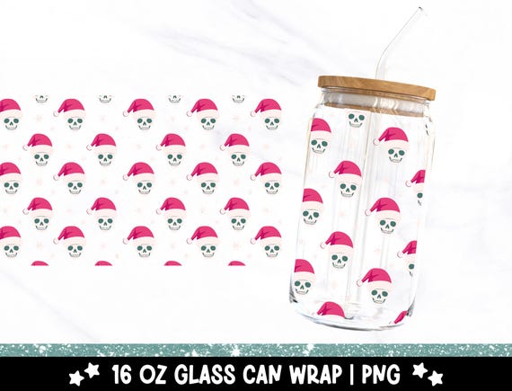 Santa Skulls 16oz Glass Can Wrap, Spooky Christmas Skeleton UV DTF Sublimation Design, Festive Holiday Glass Jar Tumbler Libbey Wrap PNG