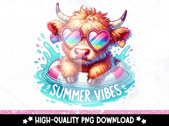 Highland Cow Summer Vibes PNG, Cute Heifer Cow Clipart, Summer Cow Sublimation Design, UV DTF Transfer File, Tshirt, Mug, Tumbler Wrap