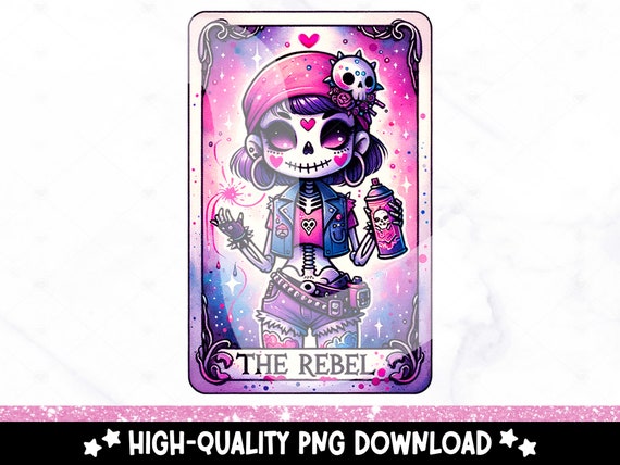 The Rebel Funny Tarot Card PNG, Punk Skeleton Sublimation Design, Witchy Trendy Snarky Skeleton DTF File, Skull TShirt, Mug, Download