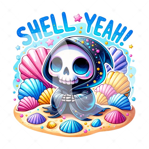 Shell Yeah Grim Reaper PNG, Summer Skeleton Clipart, Beach Sunset Sublimation Design, Summer Vacation DTF Sublimate Design, Tumbler Wrap