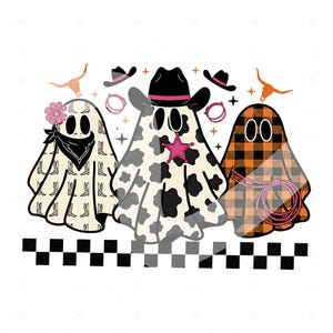 May include: Three cartoon ghost figures in cowboy attire. One ghost is patterned with cowboy boots, another with cow spots, and the third with orange and black plaid. Cowboy hats, a sheriff's badge, and a lasso are included in the design.
