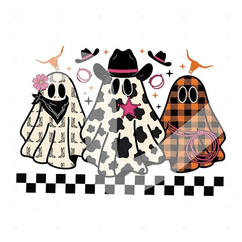 May include: Three cartoon ghost figures in cowboy attire. One ghost is patterned with cowboy boots, another with cow spots, and the third with orange and black plaid. Cowboy hats, a sheriff's badge, and a lasso are included in the design.