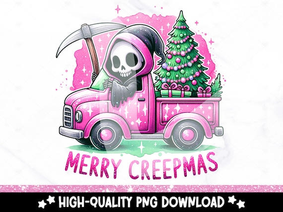 Merry Creepmas PNG, Pink Christmas Clipart, Vintage Christmas Truck PNG, Skeleton Sublimation Design, Snarky DTF Transfer, Xmas Mug Clipart