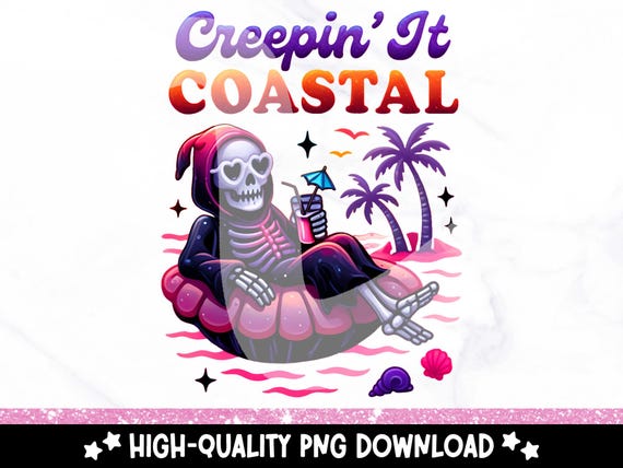 Creepin’ It Coastal Skeleton PNG, Funny Summerween Beach Clipart, Grim Reaper Trendy Sublimation Design, Spooky Vacation Art, Spooky Summer